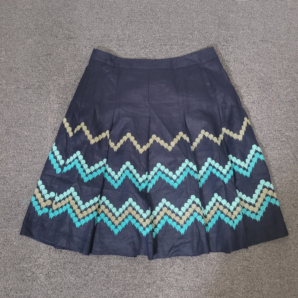 Dressbarn Size 12 Skirt Womens Navy Linen Chevron Embroidered A-Line Pleated